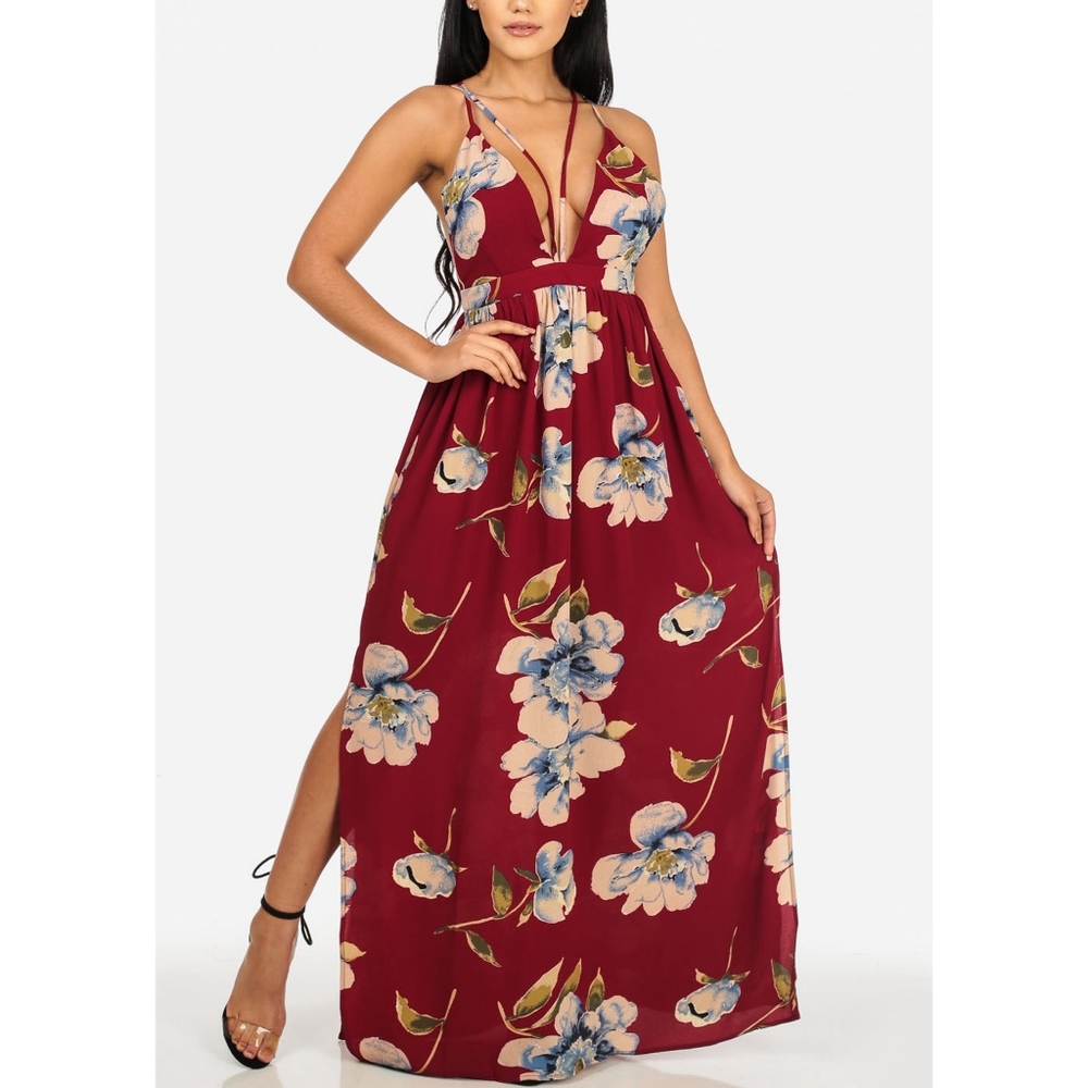 L'ATISTE | Red Floral Deep V Crisscross Back Maxi - Picture 2 of 9